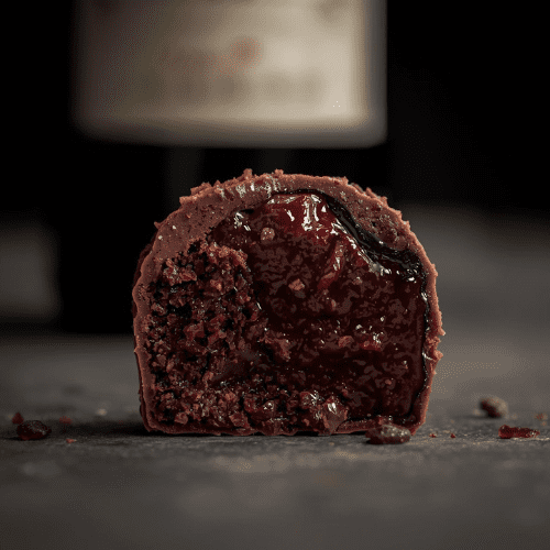 Close-up af en halv mørk chokoladetrøffel, fyldt med portvins-ganache