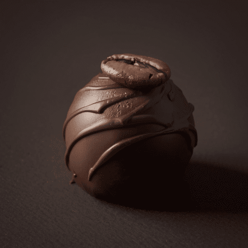 Produktbillede af en mørk chokolade trøffel med en kaffebønne på toppen